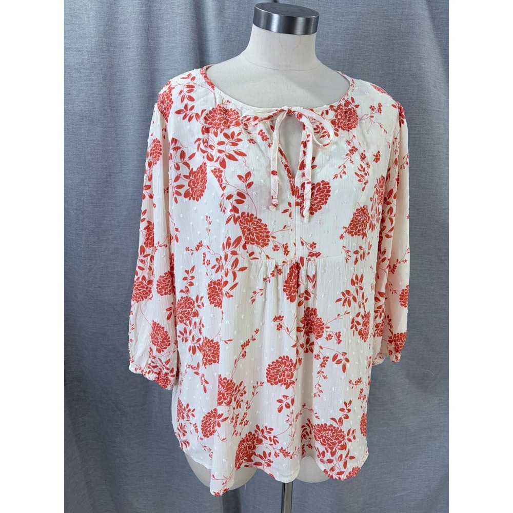 Paper Moon Orange Floral Swiss Dot Tie Neck Blouse Womens Large Boho Romantic